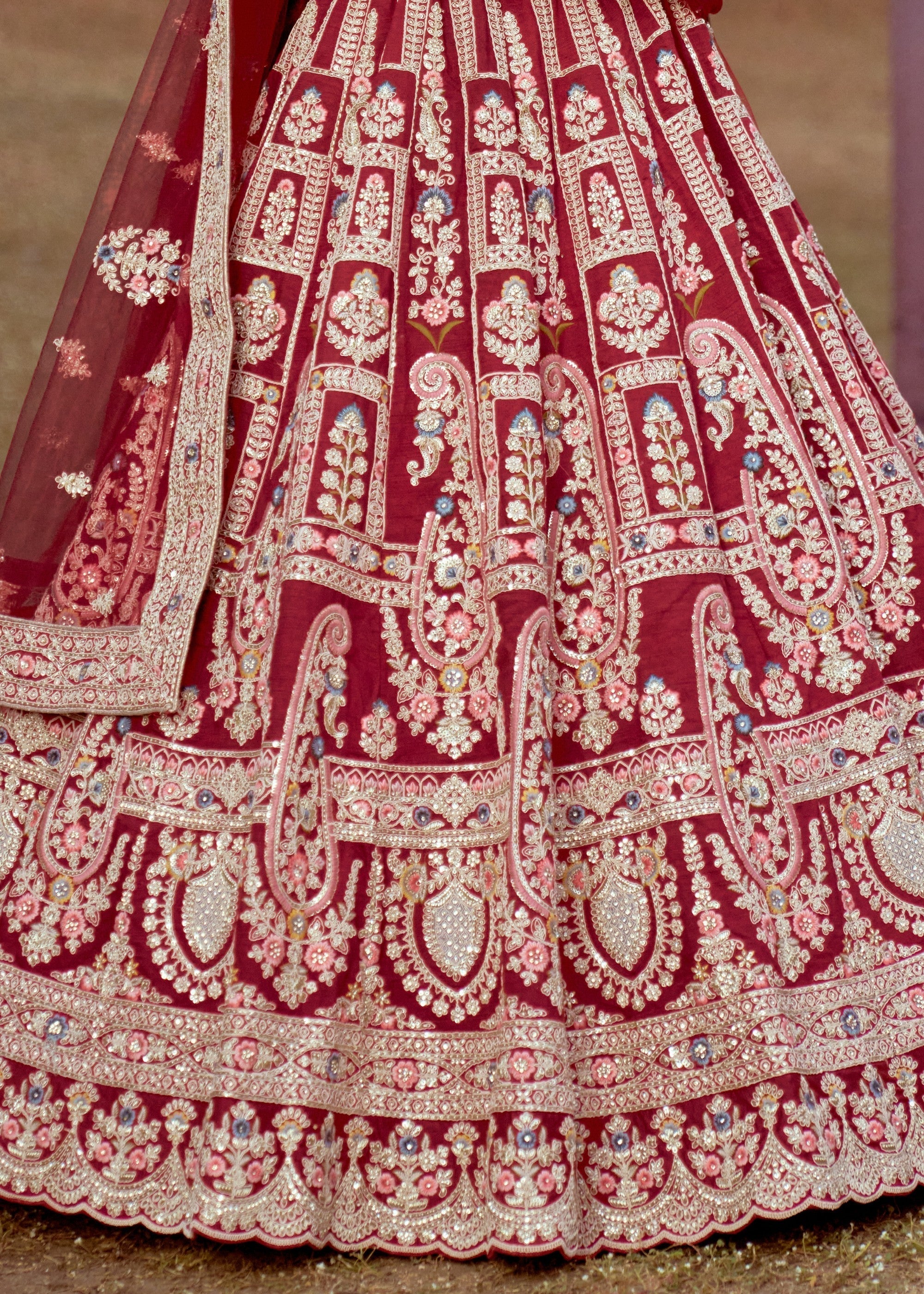 Maroon Pure Silk Moti, Sequins Embroidery Bridal Lehenga | Ready To Wear - qivii