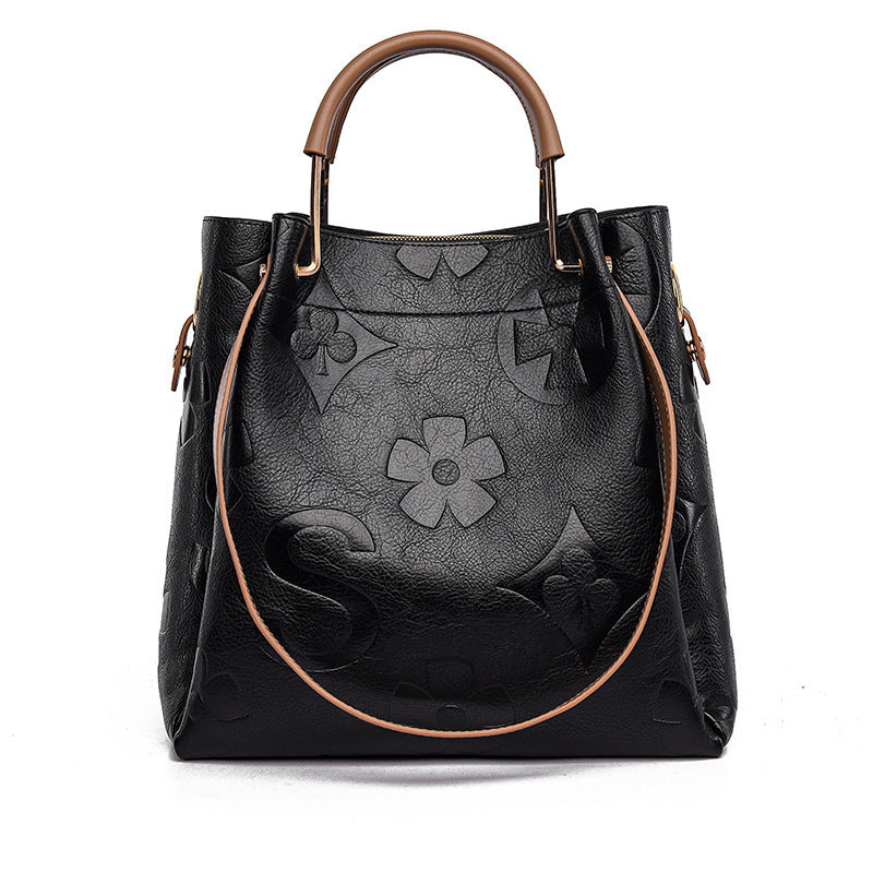 Women's Grain & Grace Bucket Bag - Vintage Embossed Carryall with Detachable Pouch for Women | Textured Leather Mother-Daughter Tote