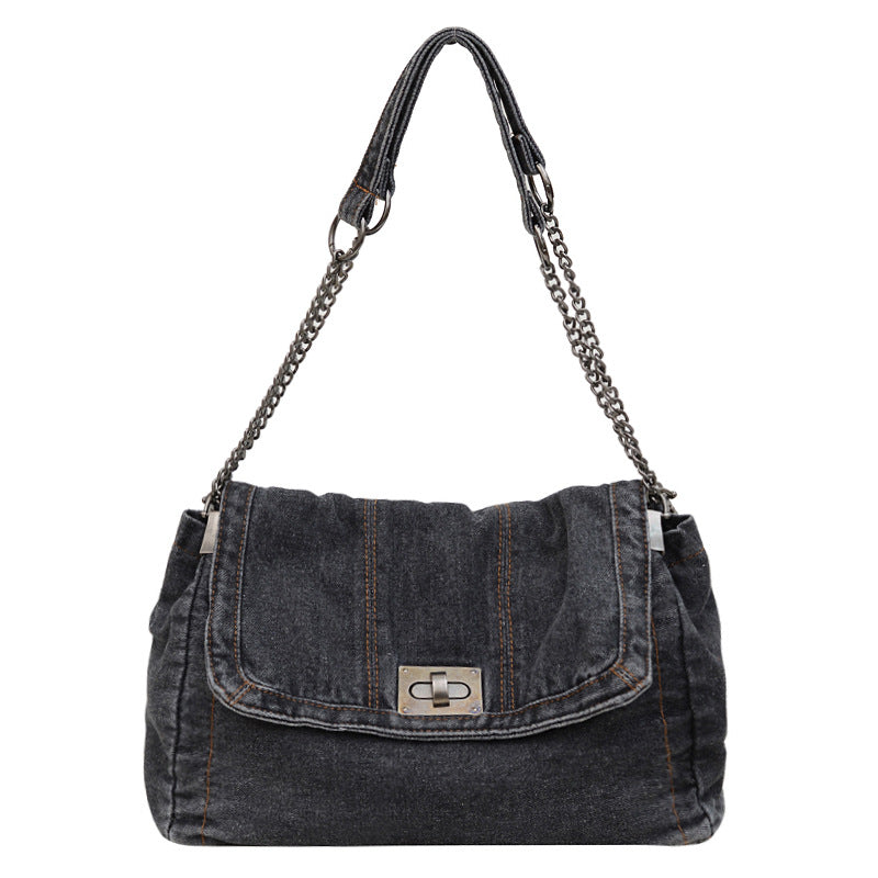 Women's Vintage Denim Tote Bag – Casual Chain Strap Shoulder Bag with Spacious Compartment Retro Commuter Essentials