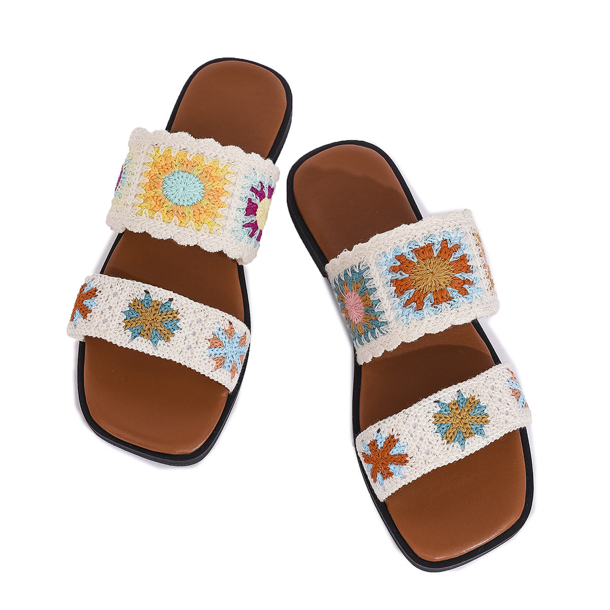 Women’s SunBloom Knit Flat Slides – Square-Toe Boho Embroidered Sandals (US 5–10)