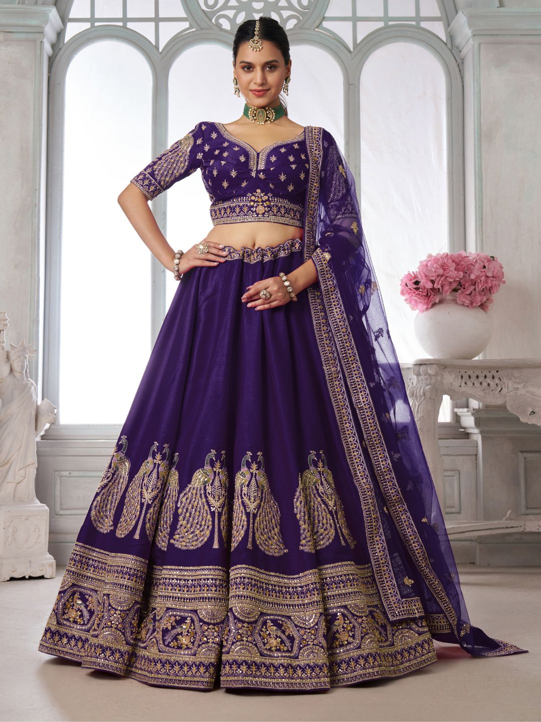 Designer Purple Silk Lehenga Choli with Embroidered Peacock Motifs
