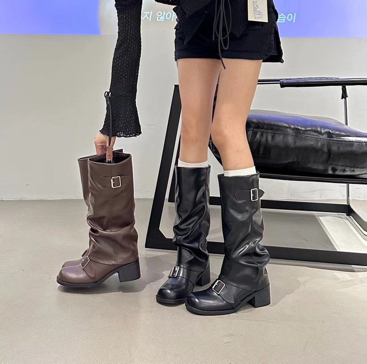 Women's Harper Slouch Boots - Chunky Heel Buckle Knee-High Boots (US 4-10.5)