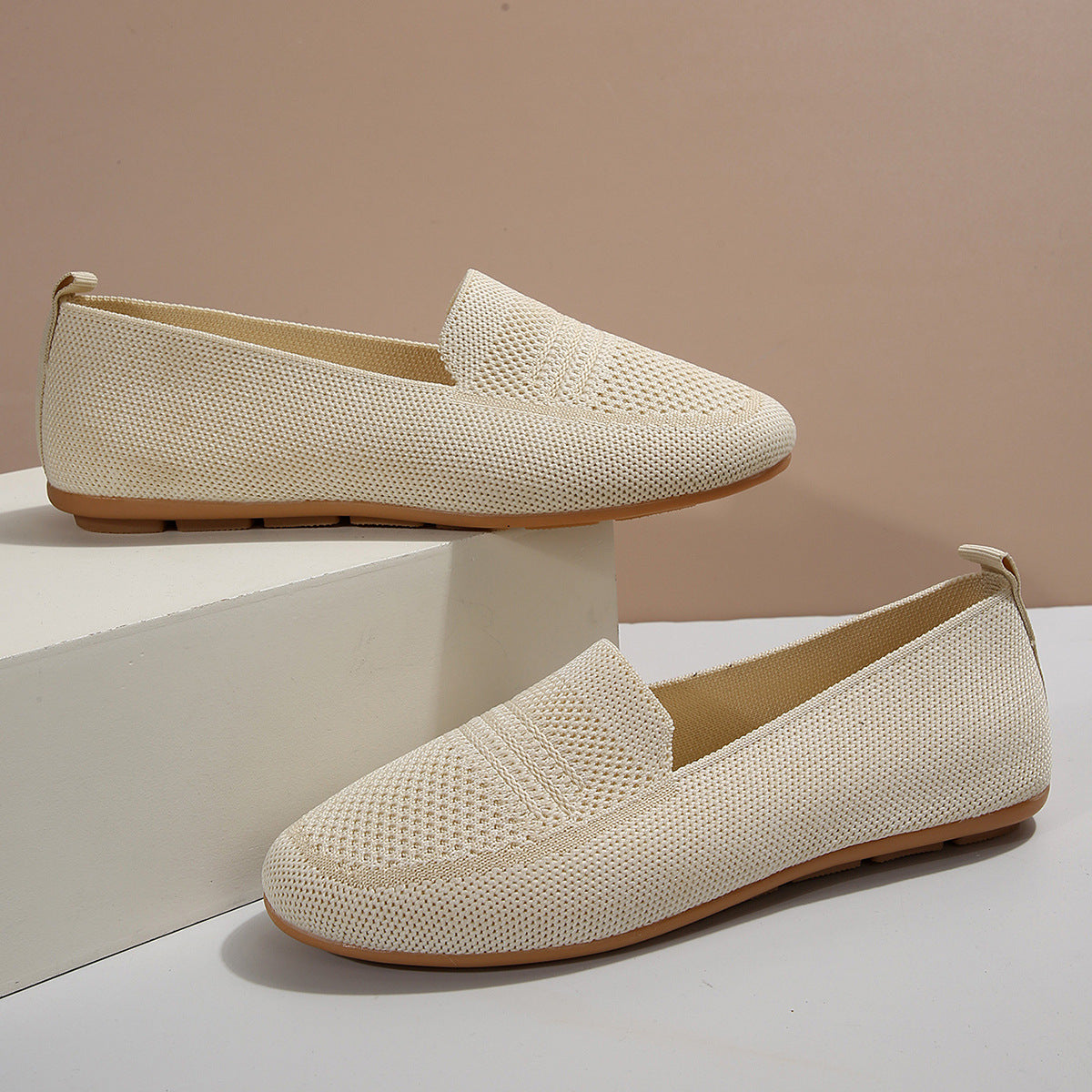 Women's Wide Width Casual Flat Slip On Shoes Breathable Knit Low Cut Soft Sole Comfort