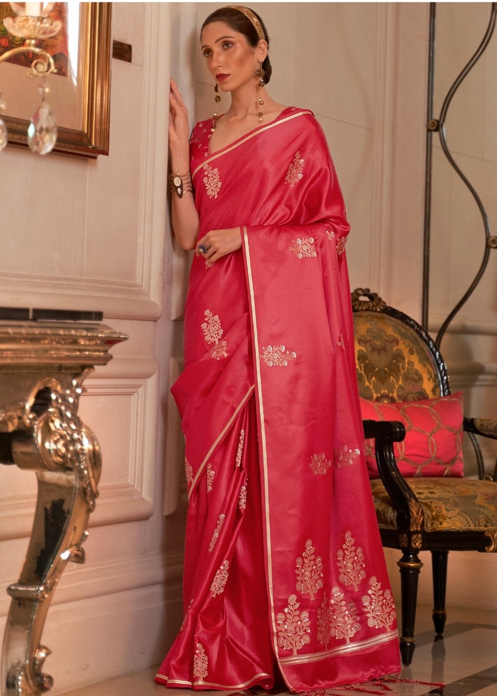Radical Red Designer Satin Silk Saree - qivii