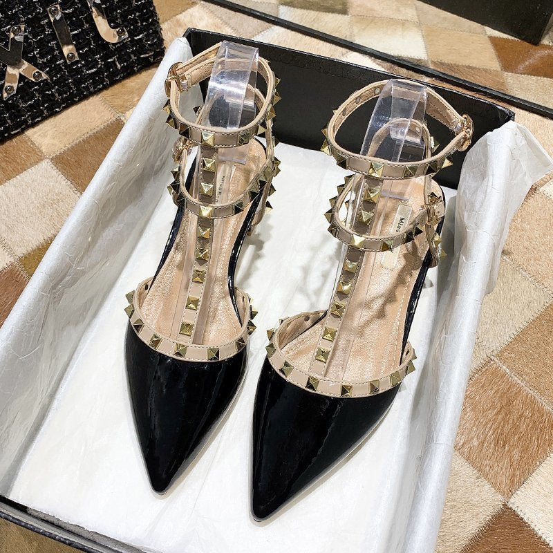 Women’s Studded Pointed Toe Low Heels – Chunky Rivet Sandals (US 4–8.5)