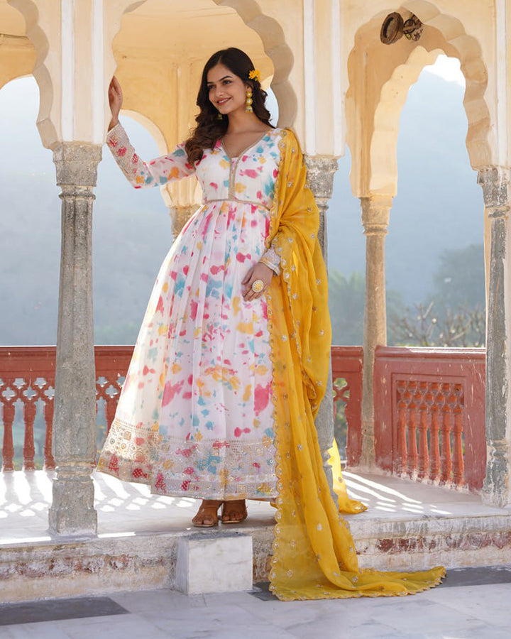 Wedding Wear Floral Embroidered White Color Gown With Dupatta  - By Qivii