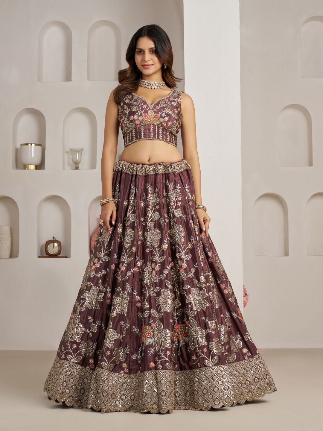 Designer Onion Color Lehenga Choli with Golden Floral Detailing
