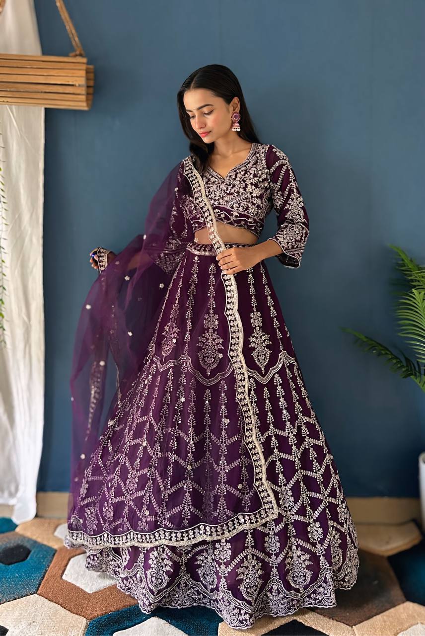 PURPLE FAUX GEORGEET WITH EMBROIDERY SEQUENCE DESIGN WORK LEHENGA - INSPIRED | Ready To Wear - qivii