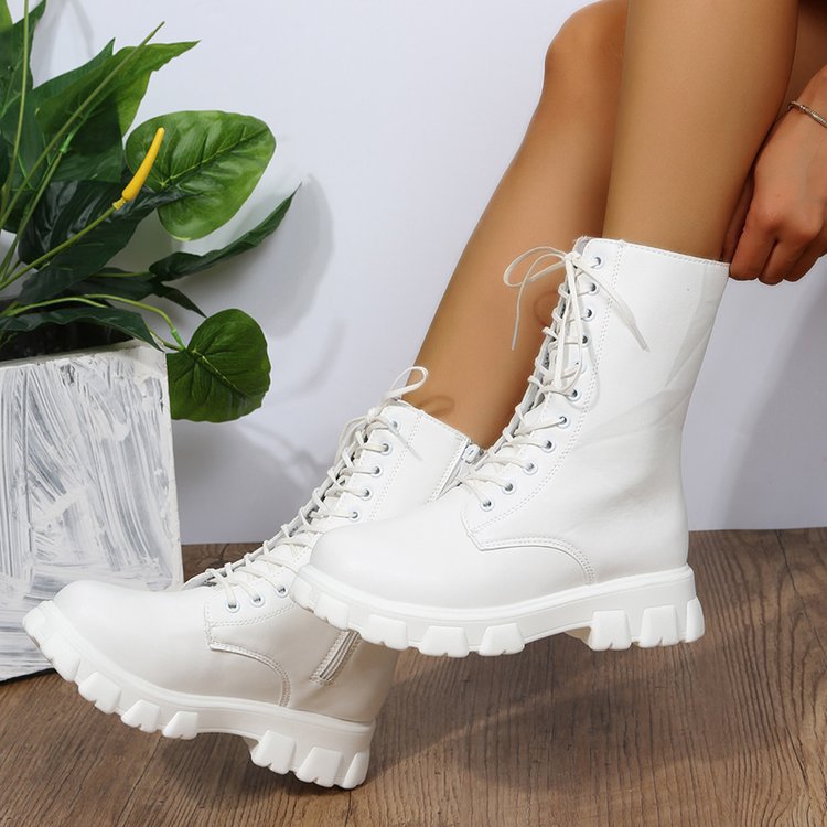 Chunky Platform Combat Boots - Lace-Up Mid Calf Boots with Side Zipper & Elastic Gore (US 4-10.5)