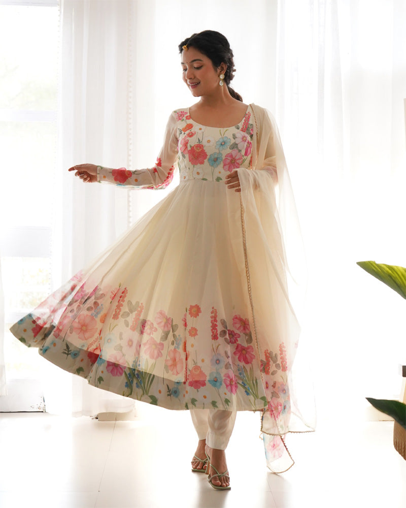 Off White Floral Print Organza Three Piece Anarkali Suit  - By Qivii