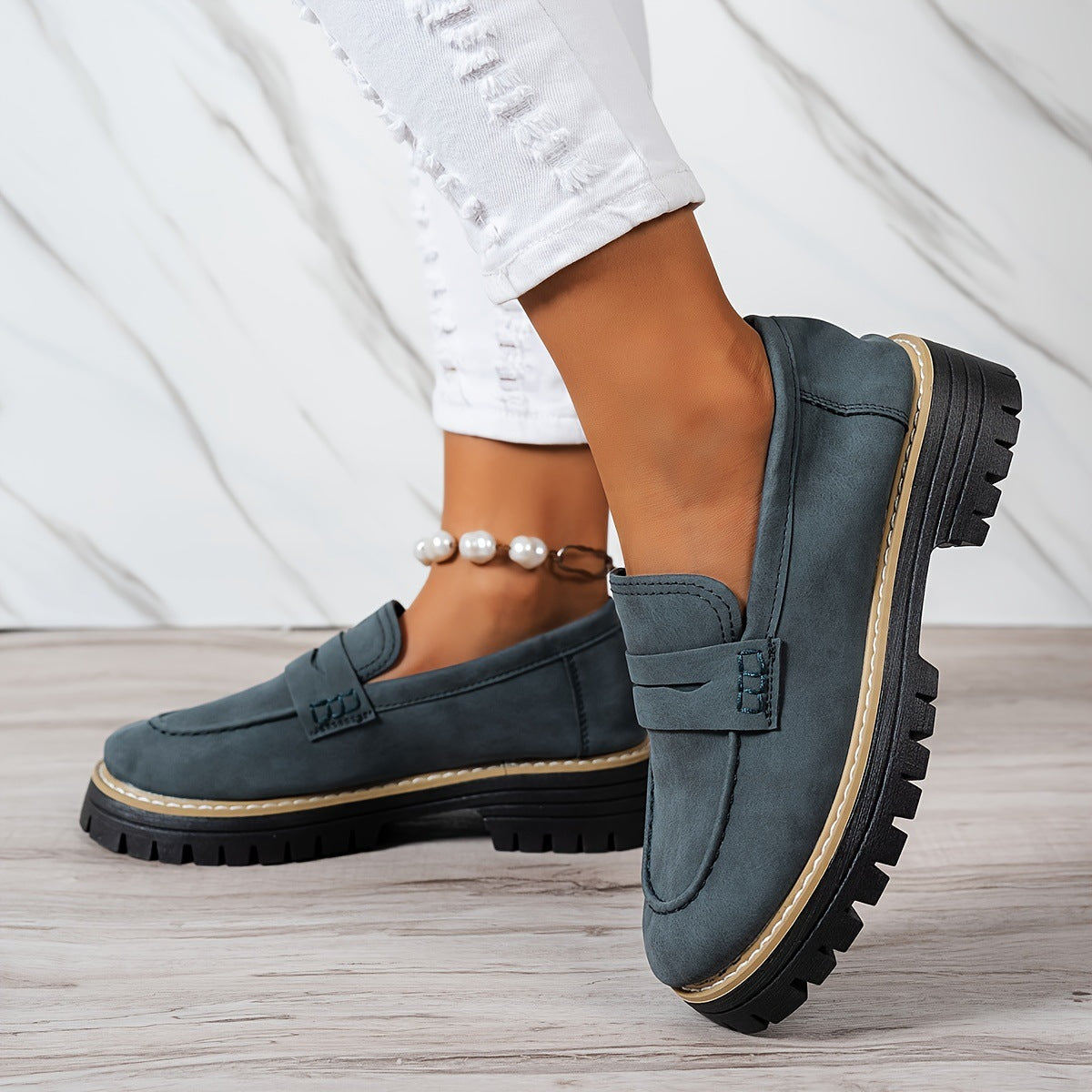 Women's Plus Size Casual Retro Suede Loafers with Chunky Heel Platform