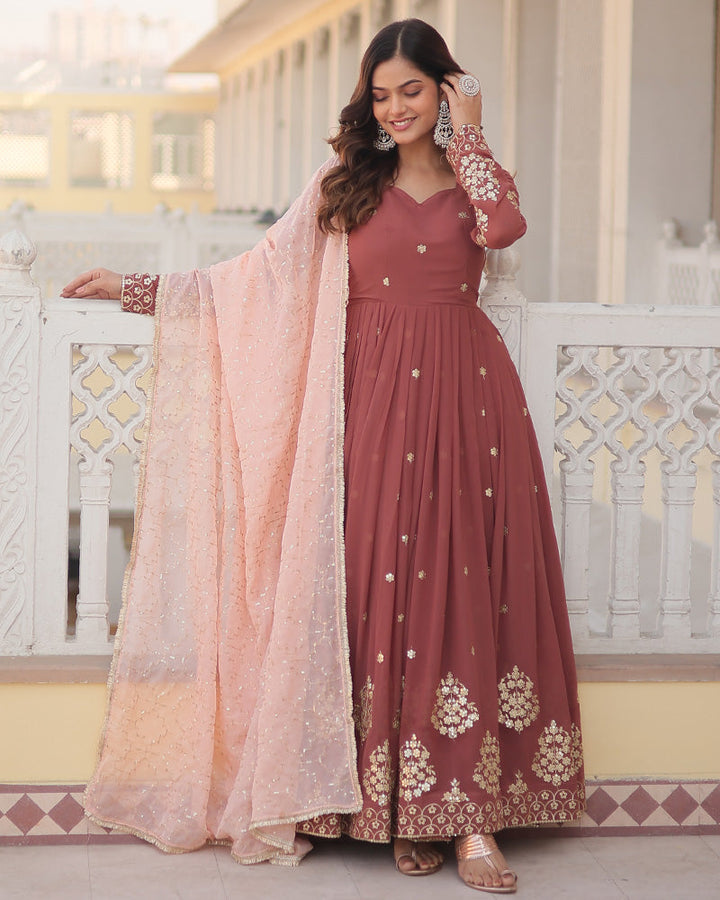 Chocolate Color Full Floor Length Anarkali Gown With Sequence Embroidery Dupatta  - By Qivii