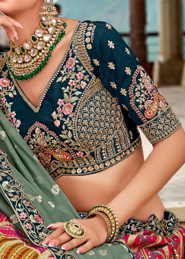 Pine Green & Blue Banarasi Silk Lehenga Choli with Zarkan, Sequence and Thread Work