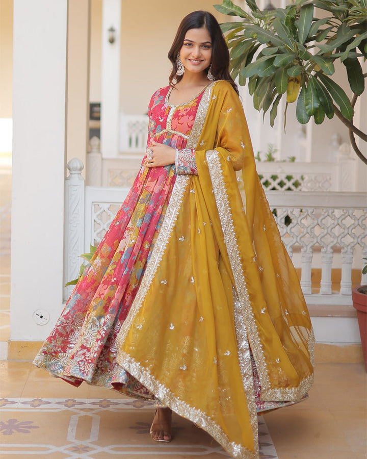 Beautiful red Alia cut gown with floral embroidery and matching dupatta by Qivii perfect for a wedding outfit