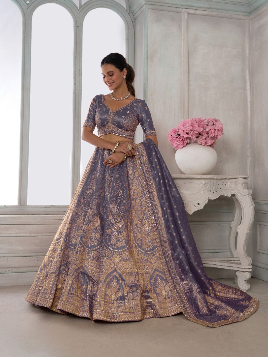 Luxurious Purple Jari Tissue Lehenga Adorned with Delicate Beadwork