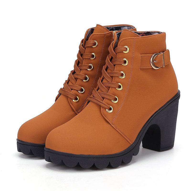 Women's Buckle Decorated Chunky Heel Ankle Boots - Side Zipper & Lace-Up Round Toe Mid-Calf Equestrian Boots (US 4-10)