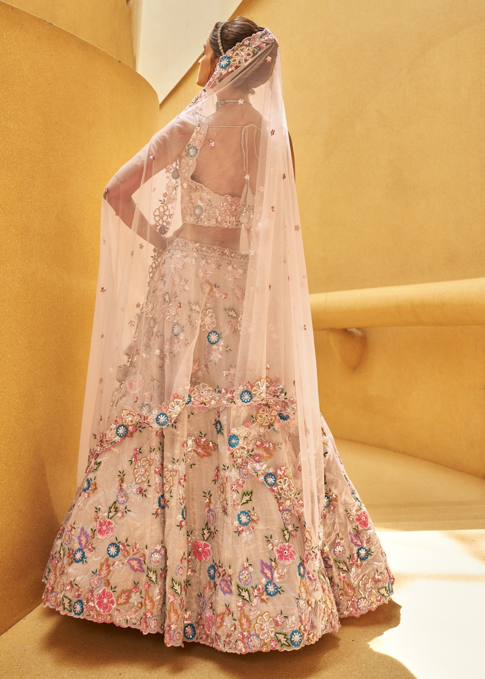 Rose Gold Organza Fabric Sequins Work Lehenga | Ready To Wear - qivii
