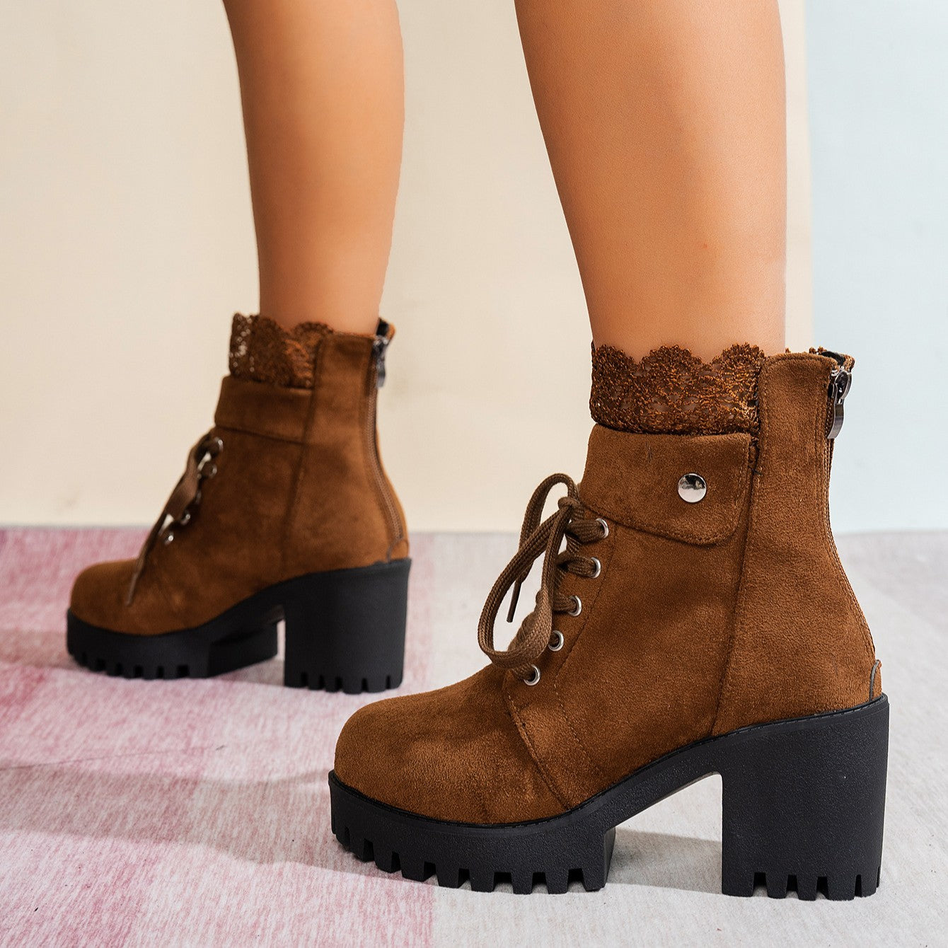 Women's Lace & Suede Heeled Boots - Chunky Heel Round Toe Vintage Ankle Boots (US 5-10.5)