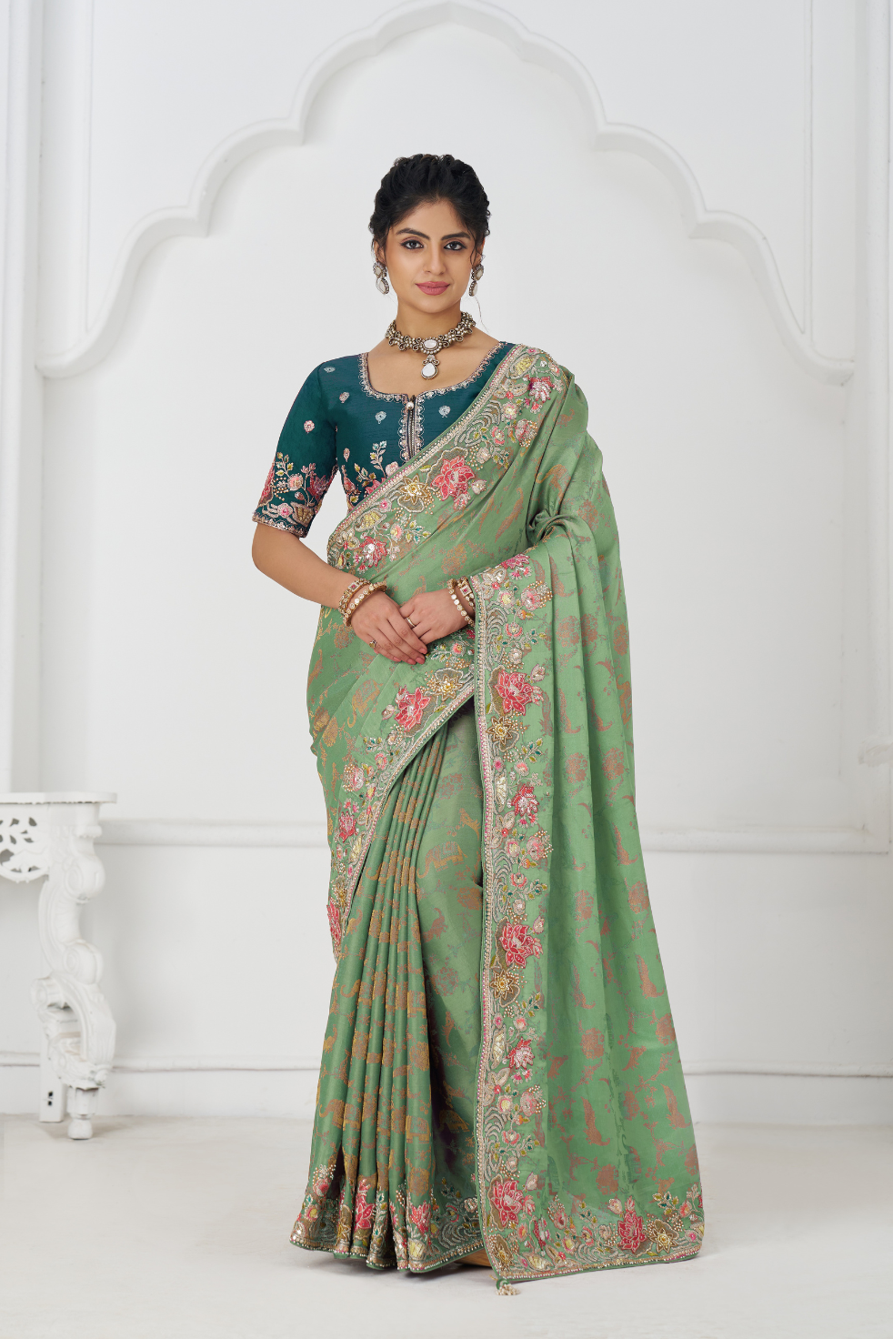 Grace in Green: Multi-Thread Embroidered Saree with Floral Elegance - qivii