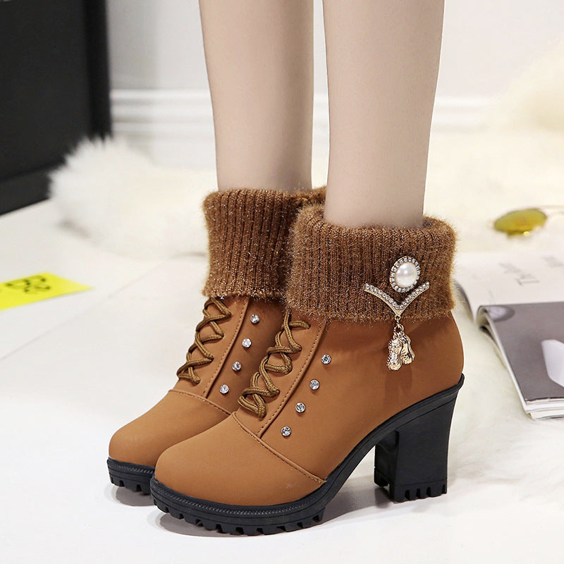 Women's Glam Knit-Cuff Boots - Rhinestone Decor Side Zip Block Heel Dress Boots (US 5-10)