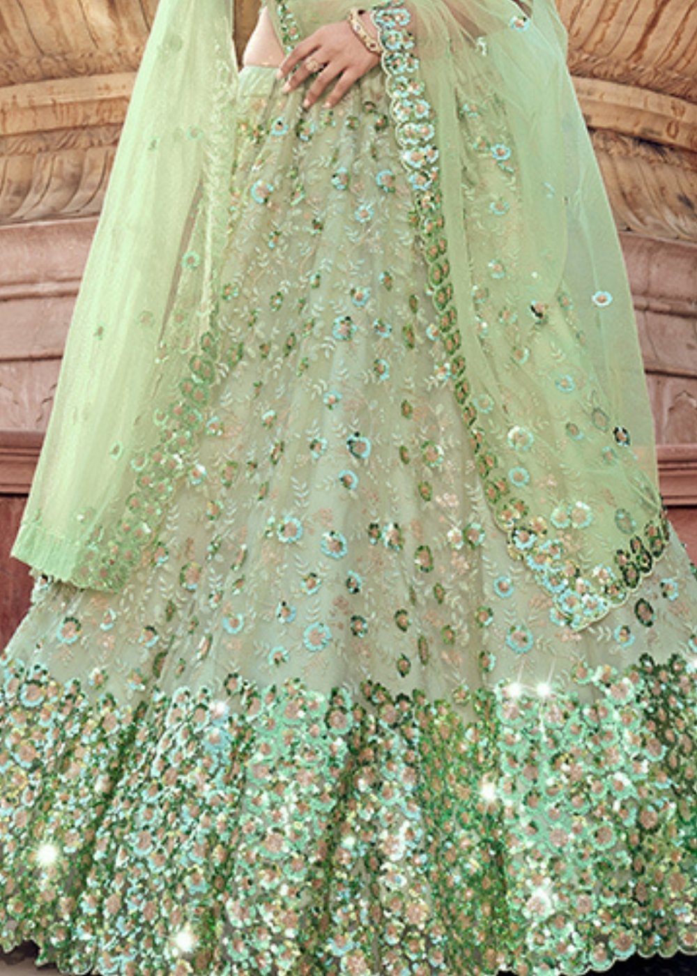 Mint Green Designer Soft Net Lehenga Choli with Sequins & Thread work | Ready To Wear - qivii