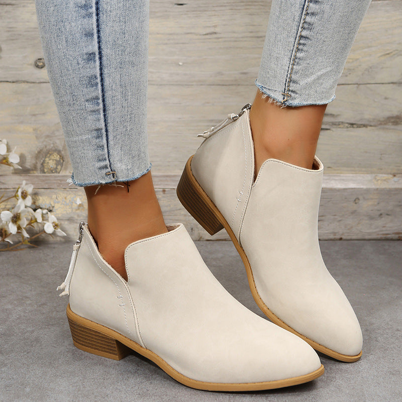 Plus Size Women's British-Inspired Solid-Color Pointed Toe Casual Fashion Boots with Rear Zipper & Low Chunky Hee