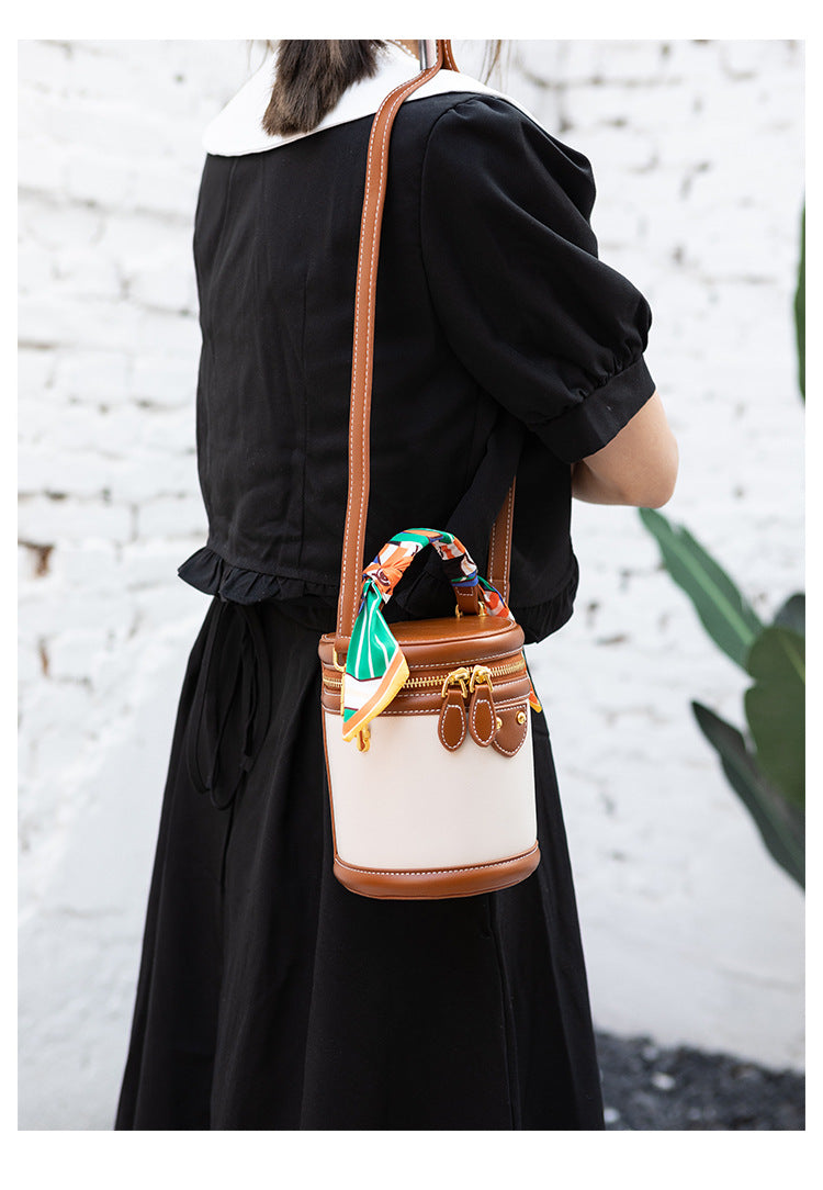 Women's Retro Color-Block Barrel Bag – Mini Cylinder Cosmetic Case with Detachable Silk Scarf & Chain Strap