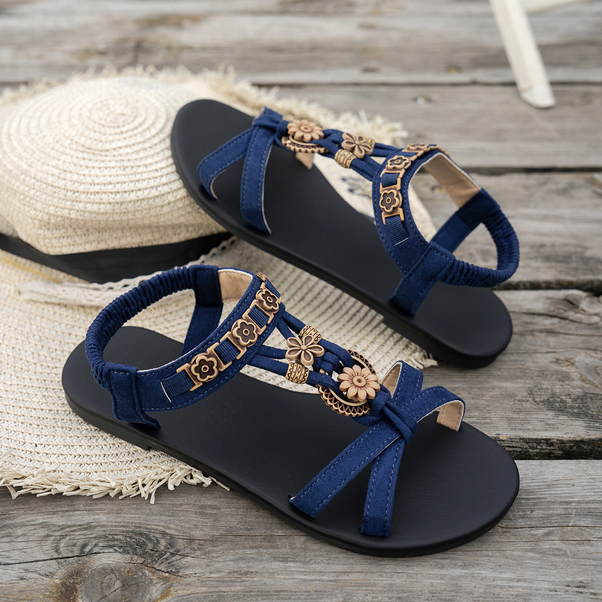 Women's Calyelle Boho Charm Sandals - Smocked Ankle Strap Flat Resort Shoes (US 5-10.5)
