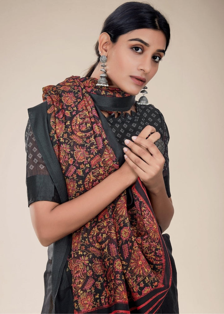 Midnight Black Designer Woven Linen Silk Saree