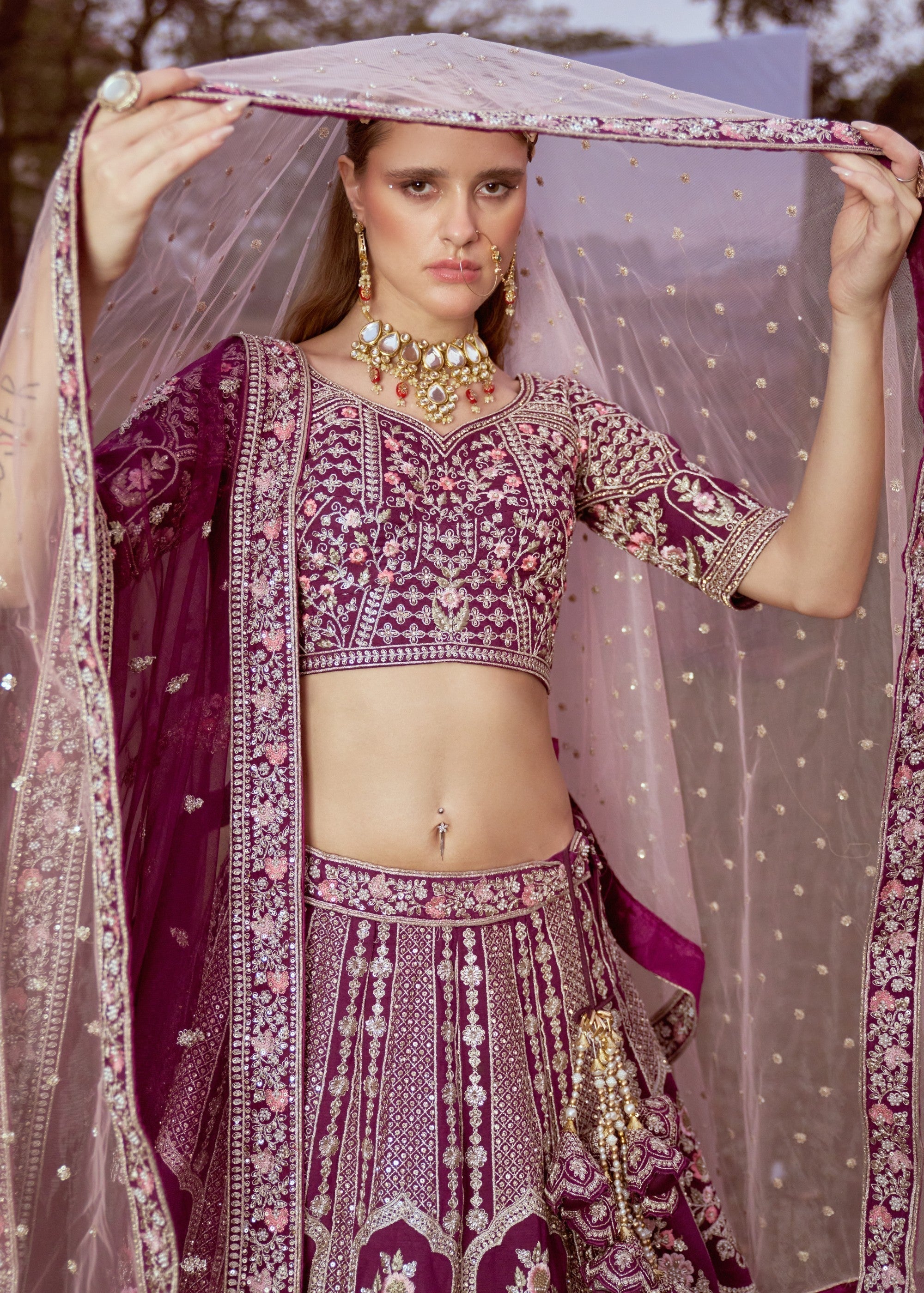 Purple Pure silk Moti, Sequins embroidery Bridal Lehenga | Ready To Wear - qivii