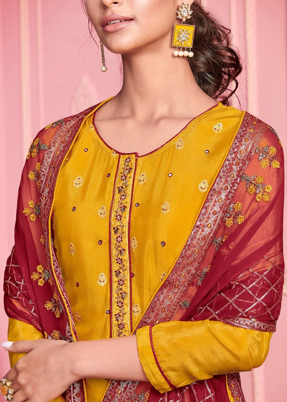 Mustard Yellow Georgette Salwar Suit with Thread & Zari Embroidery work By Qivii