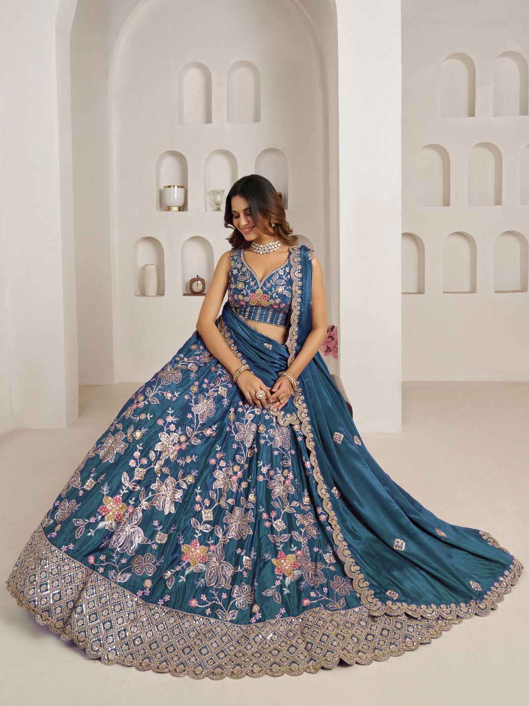 Stunning Sky blue Color Lehenga Choli with Golden Floral Detailing