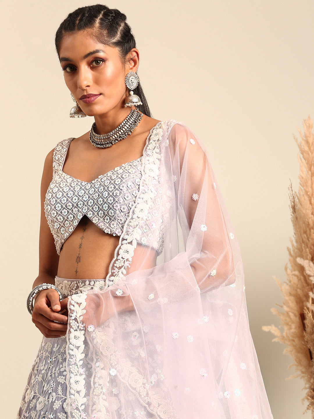 White Color Sequined Chinon Embroidered Stitched Lehenga choli