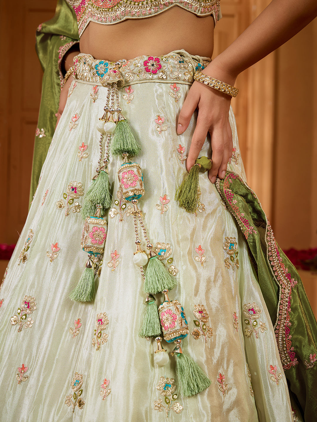 Limegreen- Tissue Fabric Sequins embroidery Semi-Stitched Lehenga & Unstitched Blouse With Dupatta - qivii