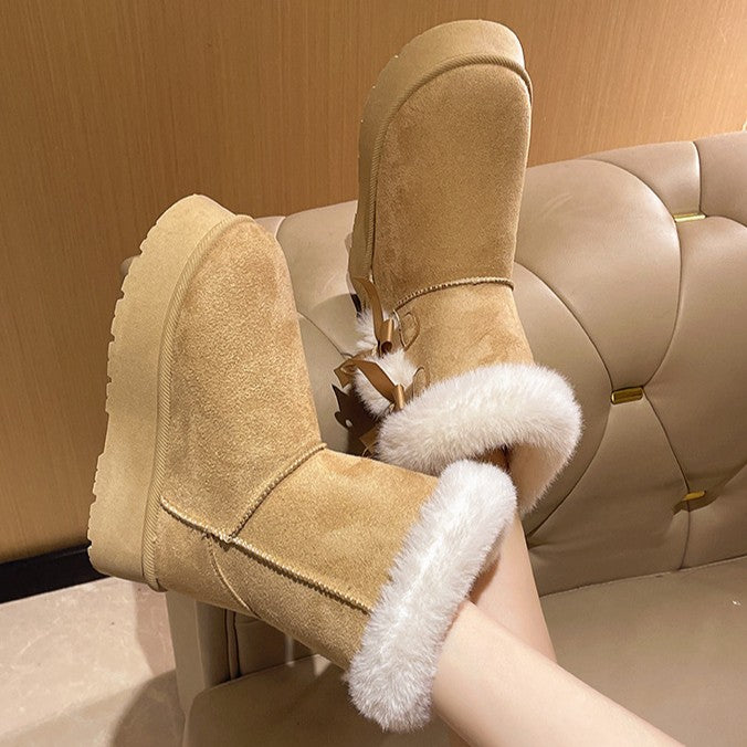 Women's Bow-Knit Cozy Winter Boots - Shearling Lined Chunky Platform Snow Boots (US 5-9.5)