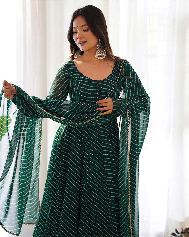  Green Color Laheriya Print Georgette Three Piece Anarkali Suit with a modern twist by Qivii