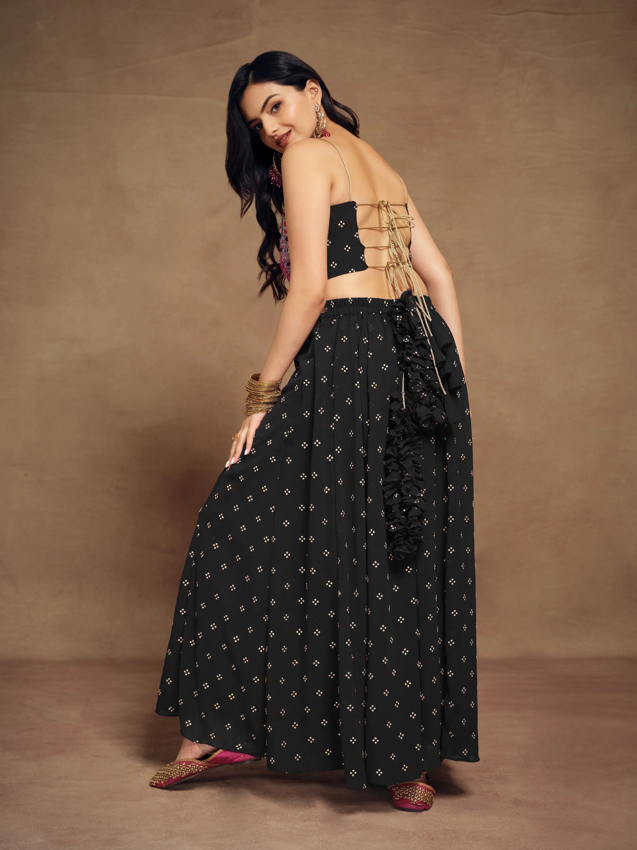 Black Silk With Handwork Co-ord Set - qivii