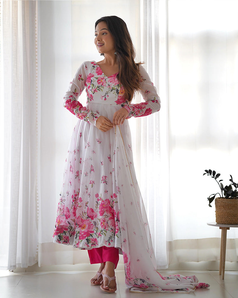 Qivii's New Design White Organza Silk Anarkali Suit with Floral Print and Embroidered Dupatta