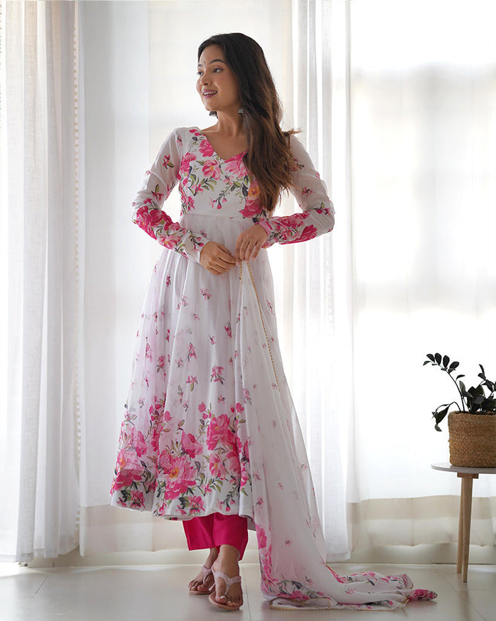 New Design White Organza Silk Floral Print Three Piece Anarkali Suit  - By Qivii