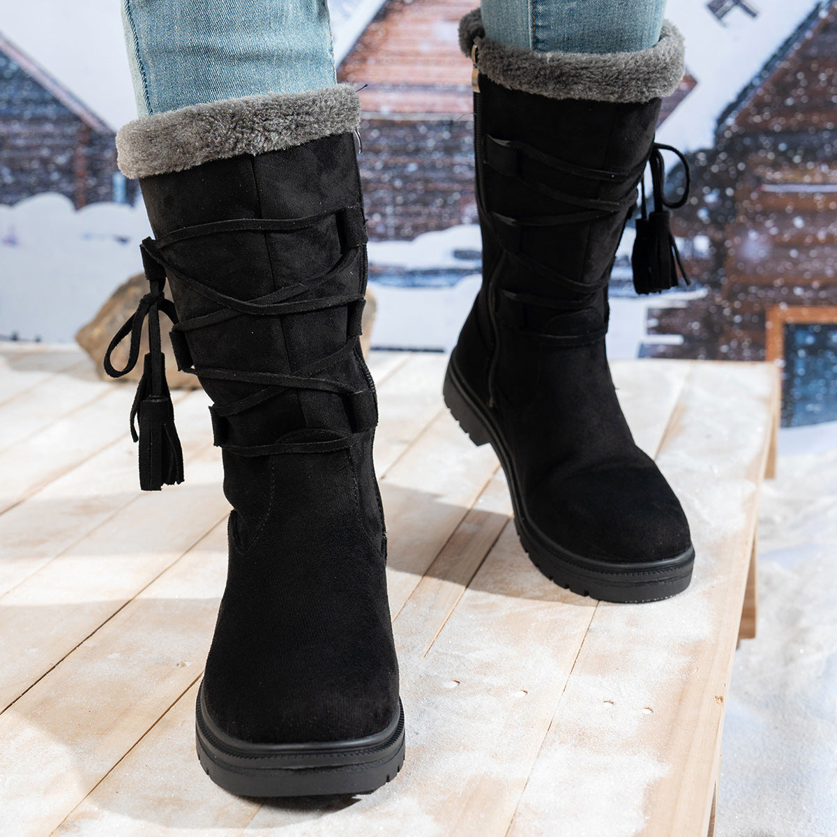 Women's Marlowe Fleece-Lined Mid-Calf Snow Boots - Lace-Up Winter Boots with Side Zip & Faux Fur Trim (US 5-10.5)