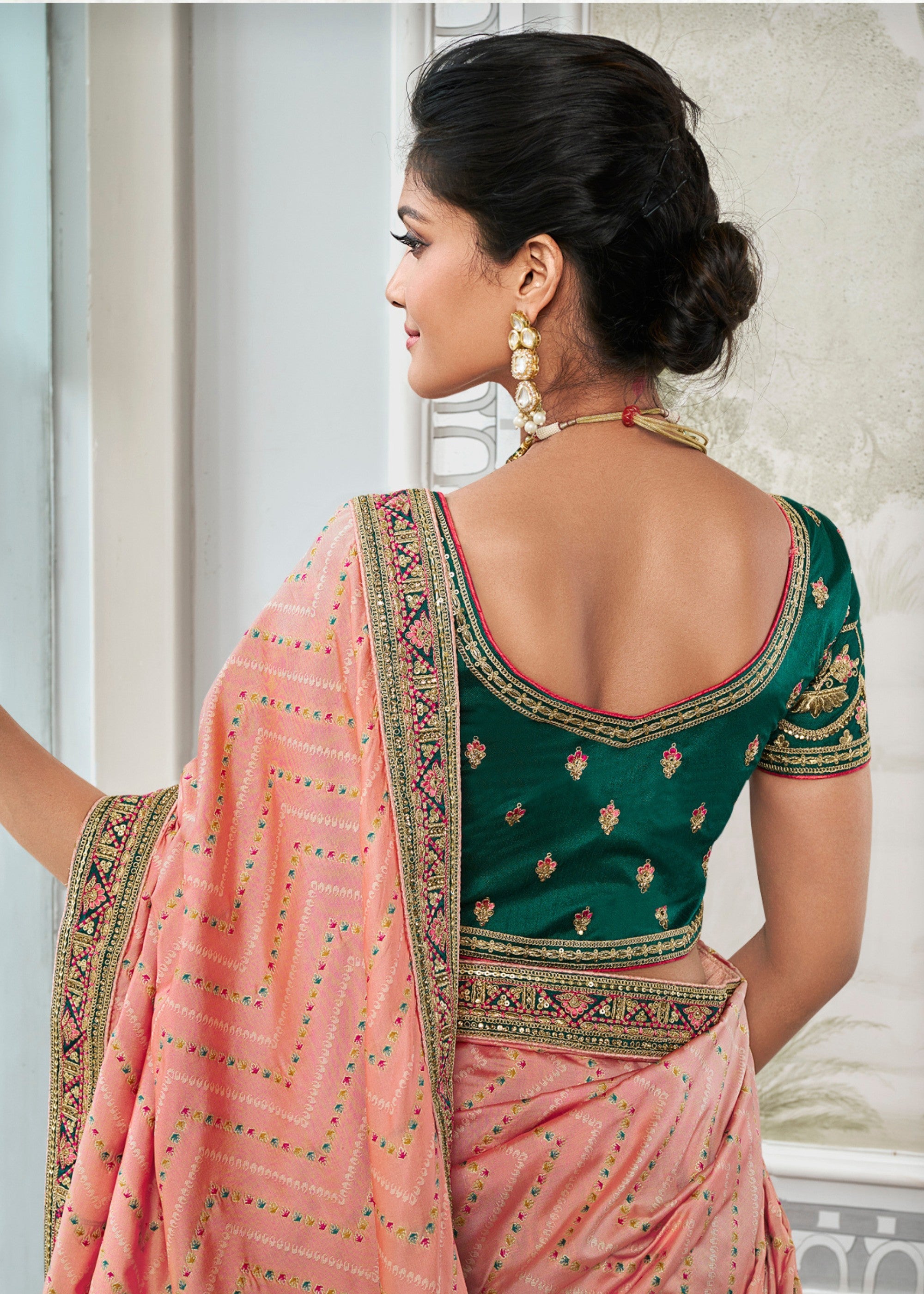 Green & Pink Banarasi Silk Lehenga with Zarkan Codding work | Ready To Wear - qivii