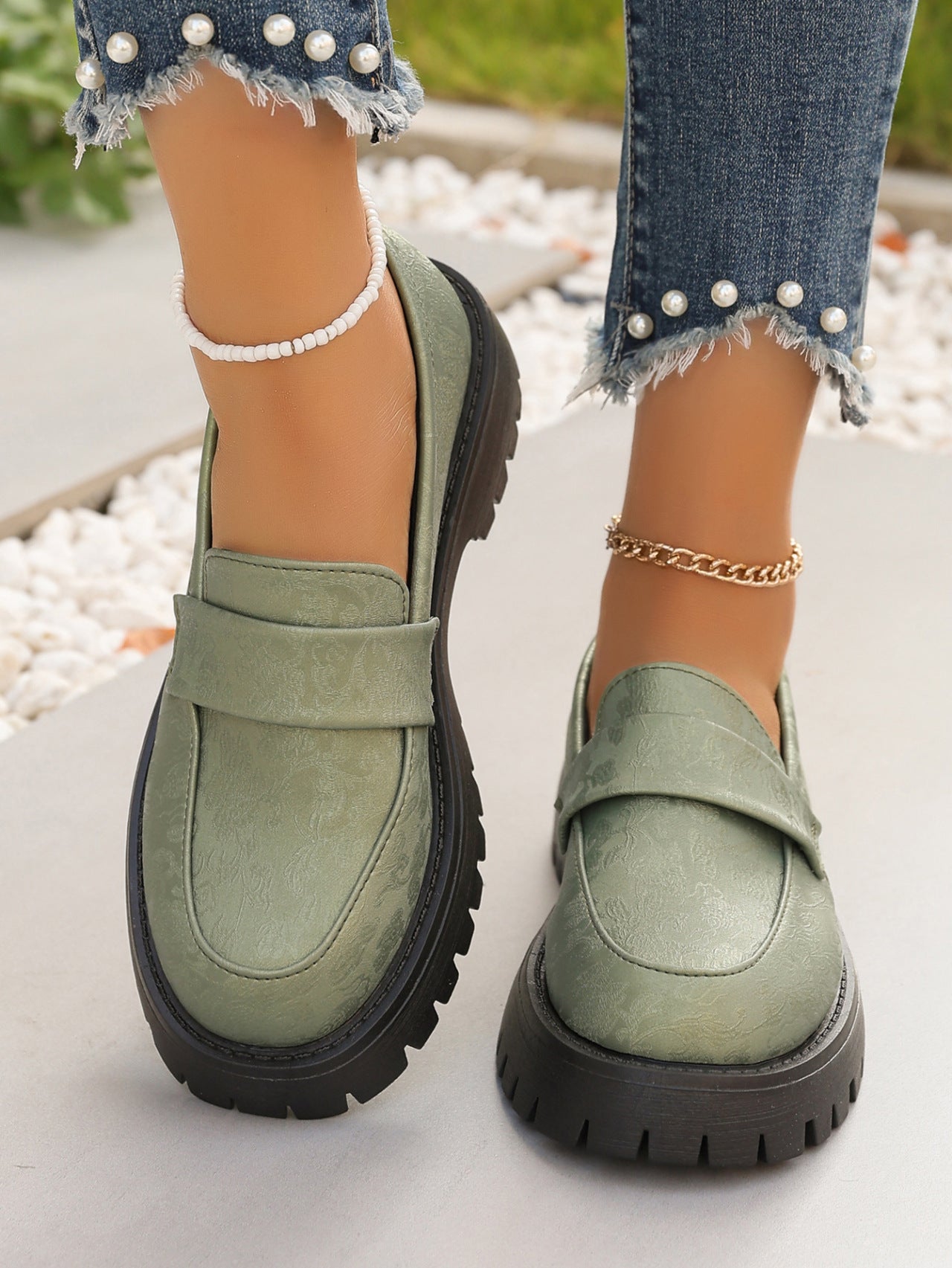 Women's Plus Size Premium Printed Platform Leather Loafers Casual Slip-On with Chunky Heel