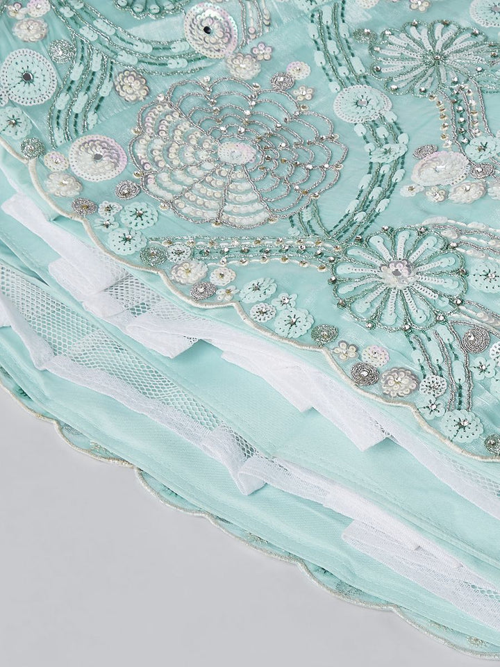 Turquoise blue Organza Sequins, Zarkan and thread embroidery Semi-Stitched Lehenga choli & Dupatta