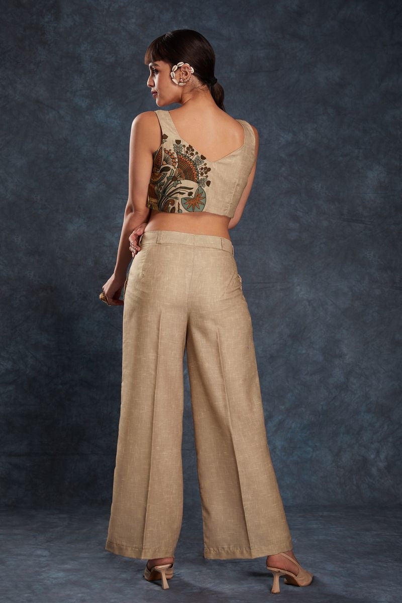 BROWN LINEN PRINTED TOP,PANT CO-ORD SET - qivii