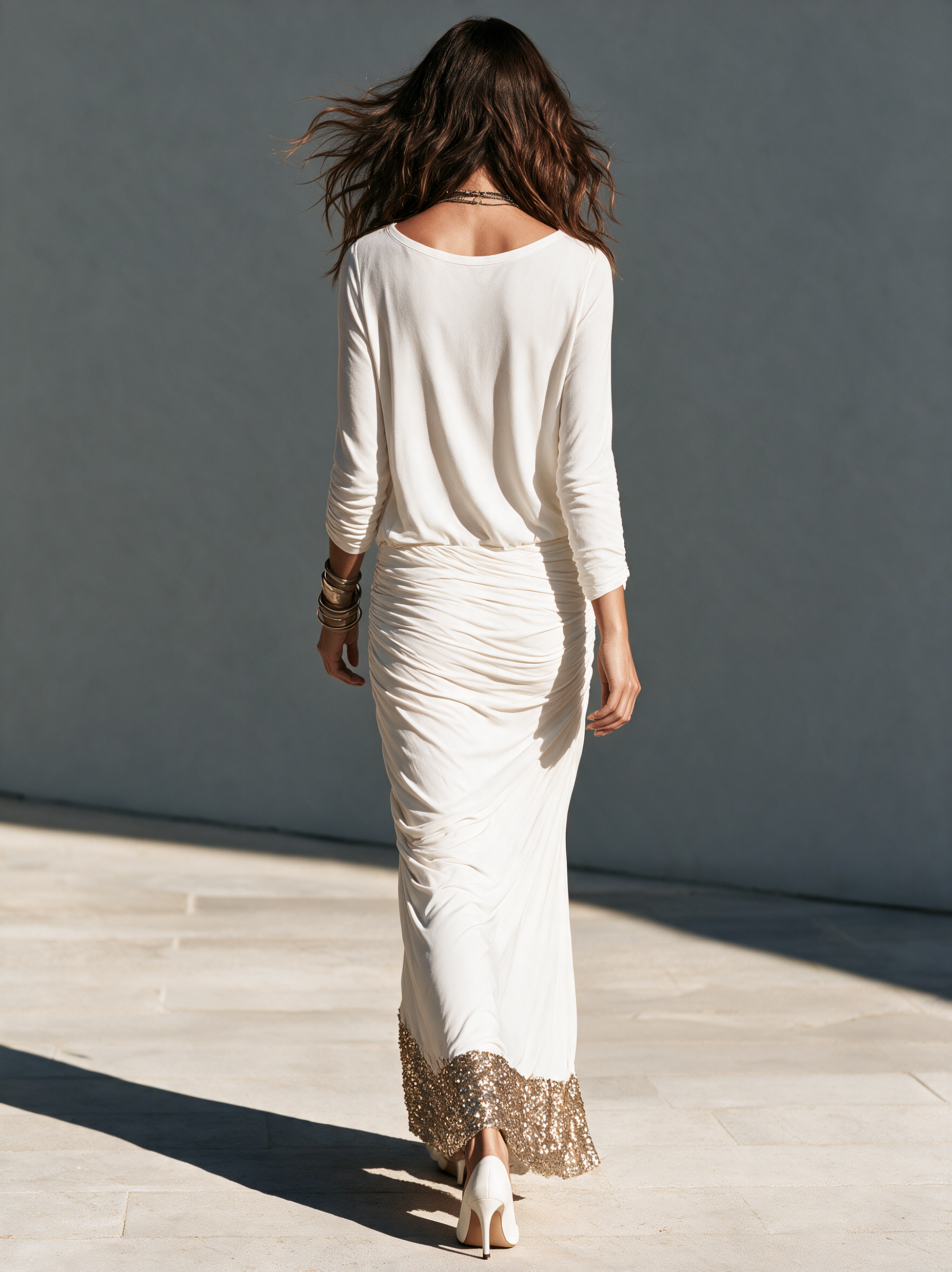 Women's Casual White Stretch-Knit Maxi Dress With Gold Sequin Long Sleeves And Spliced Detailing MDZ0107I3LXY