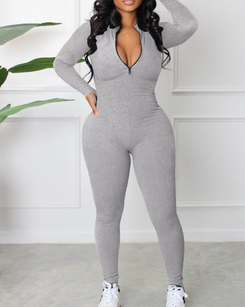 Women's Sexy Ribbed Long Sleeve Zipper Jumpsuits Casual Solid Bodycon Rompers  - By Qivii