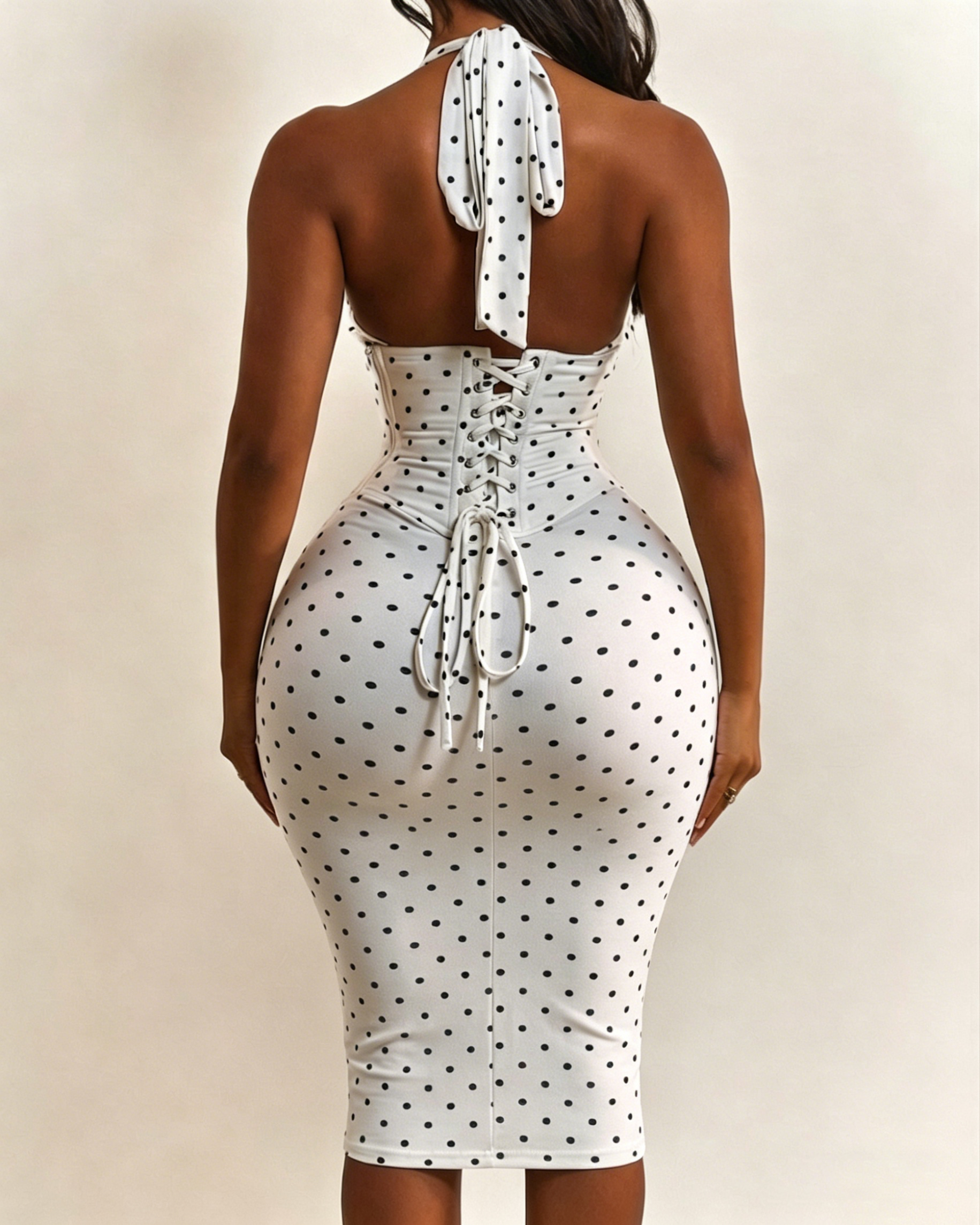 Polka Dot Corset Halter Midi Dress with Lace-Up Back  - By Qivii
