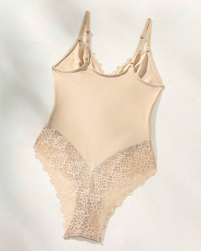 Women's Lace Sheer Spaghetti Strap Cami Bodysuit Sleeveless One Piece Shapewear  - By Qivii