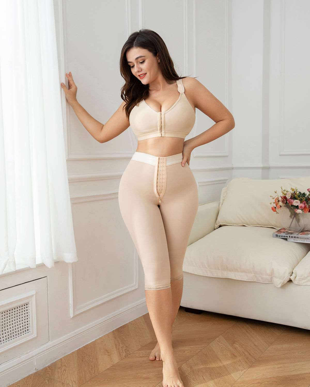 Shapshe® Slimming Tummy Control Panties Knee Length Thigh Shaping Leggings Beige  - By Qivii