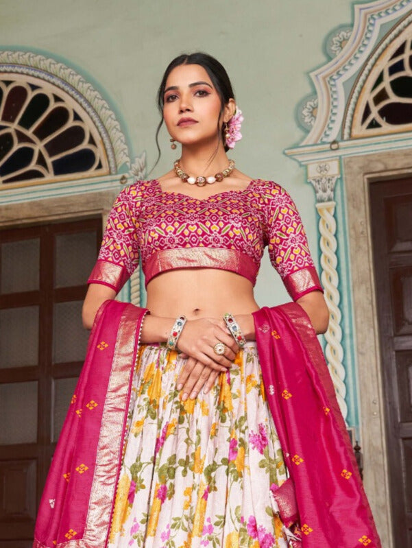 Beautiful pink floral and patola print lehenga choli with intricate foil work